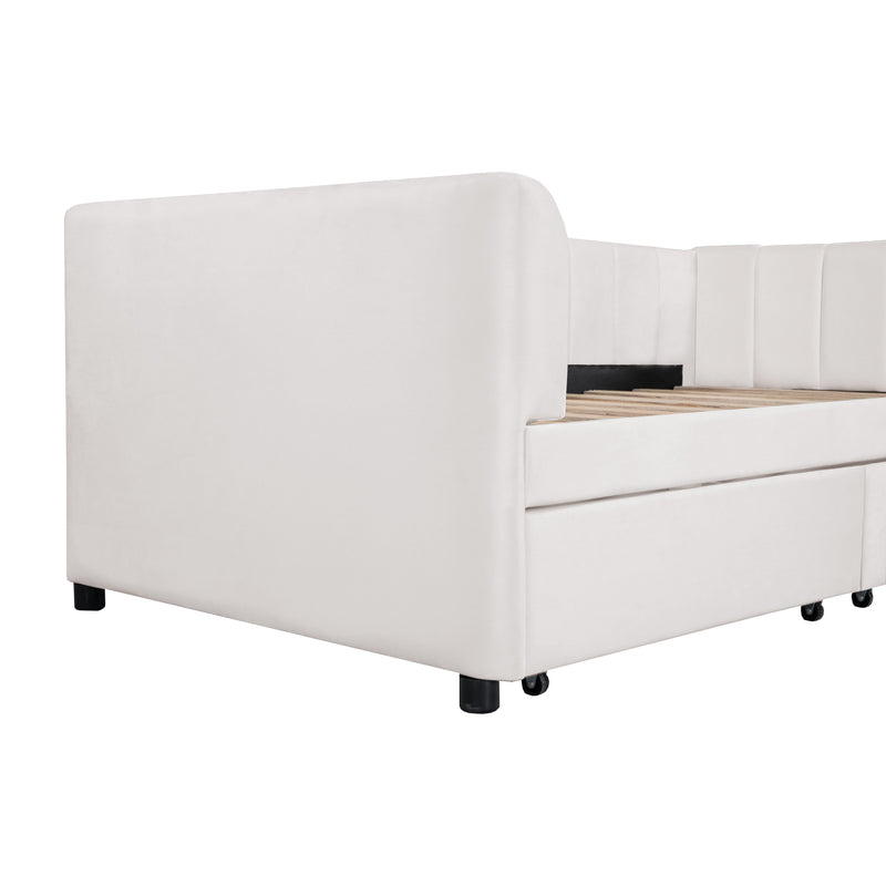 Twin Size Upholstered Daybed with Ergonomic Design Backrest and 2 Drawers, Beige