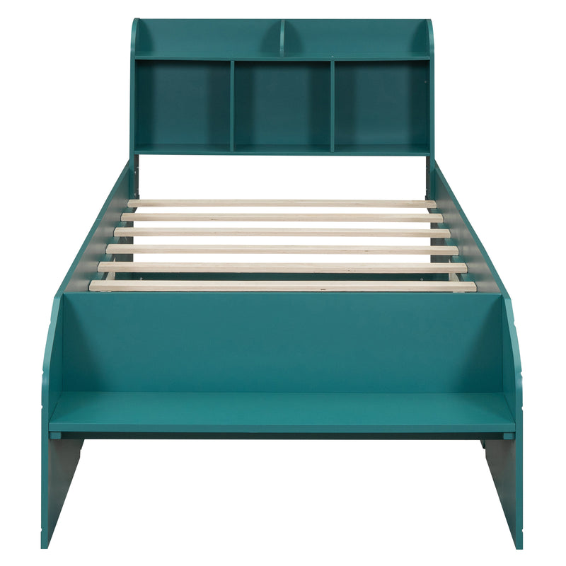 Wood Twin Size Platform Bed with 2 Drawers, Storage  Headboard and Footboard, Dark Green