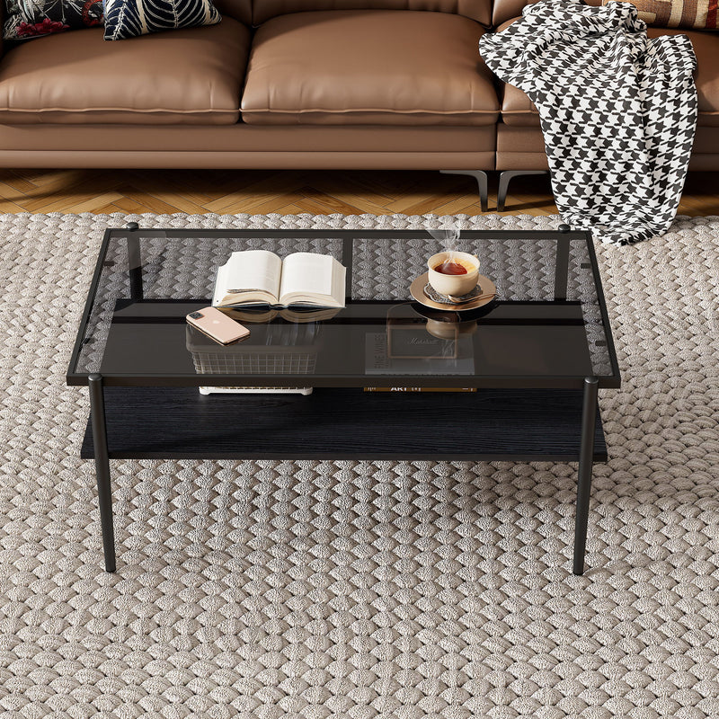 Rectangle Coffee Table With Tempered Glass Top And White Legs, Modern Table For Living Room