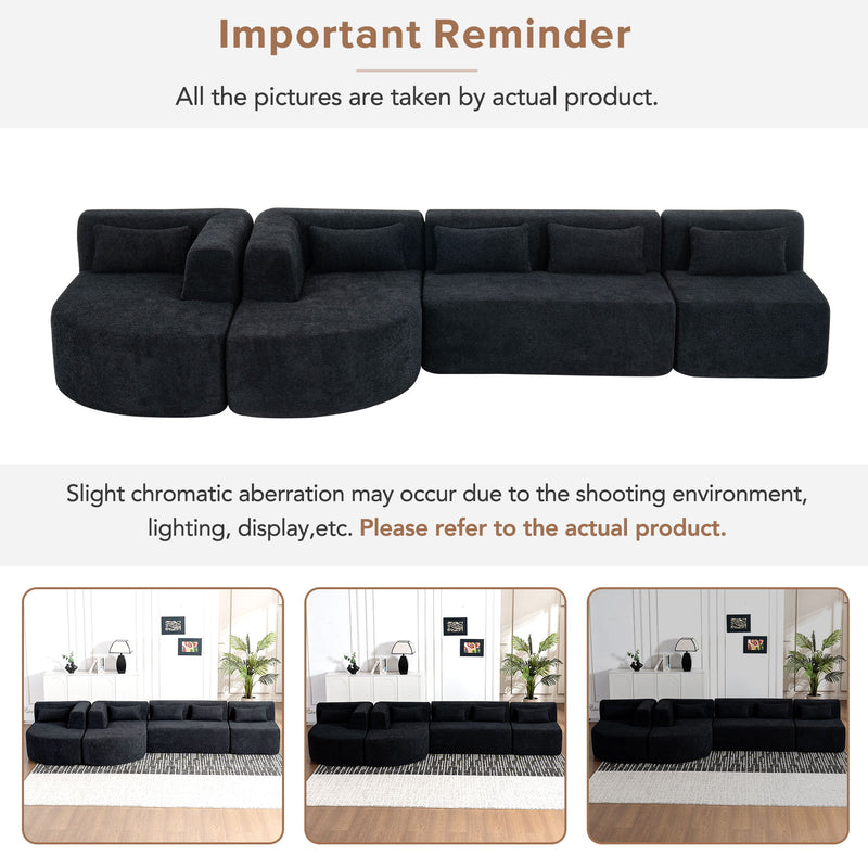 Upholstered Sofa Free Combined Sofa Couch With Two Chaise Lounge And Five Back Pillows For Living Room - Black