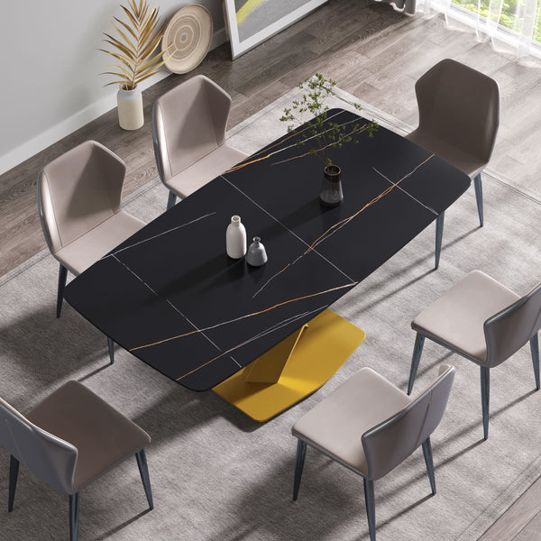 70.87" Modern Artificial Stone Black Curved Golden Metal Leg Dining Table - Black / Gold