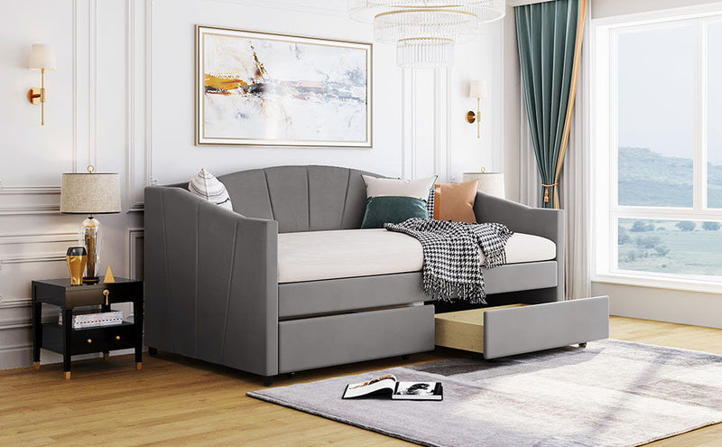 Twin Size Upholstered Daybed With Two Drawers And Wood Slat - Gray