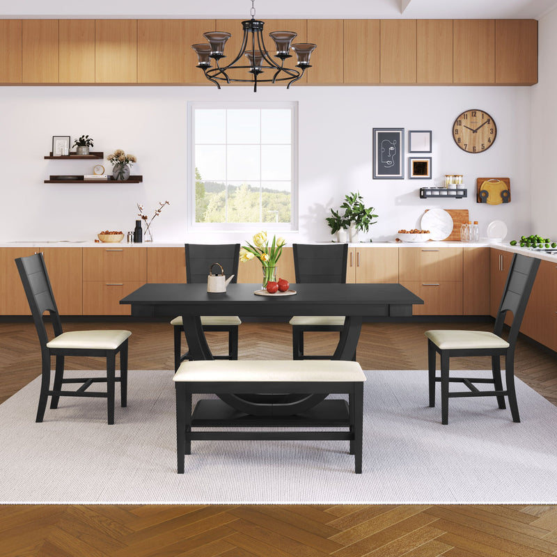 Topmax - 6 Piece Wood Half Round Dining Table Set Kitchen Table Set With Long Bench And 4 Dining Chairs, Modern Style