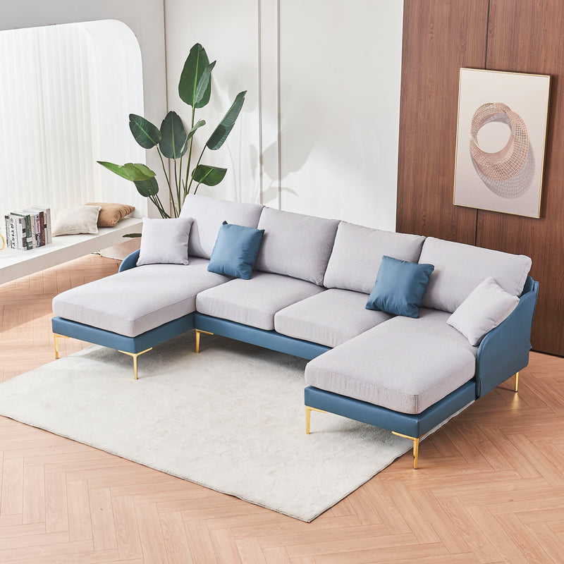 Modern Large Area Linen+Leathaire Fabric Color Matching Segmented Sofa, Ultra Wide Lounge Chair