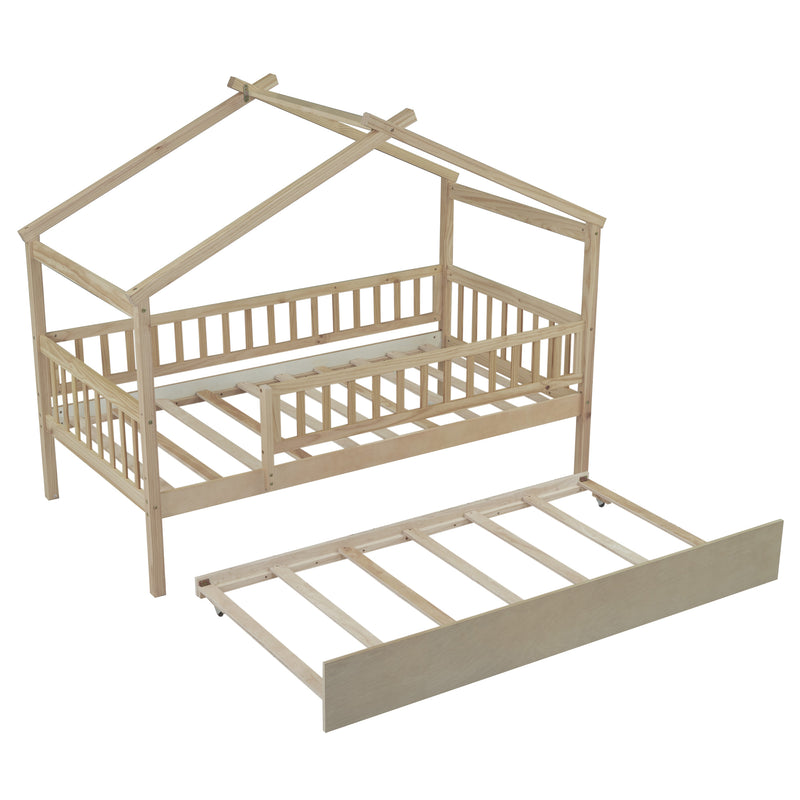 Twin Size Wooden House Bed with Twin Size Trundle, Natural