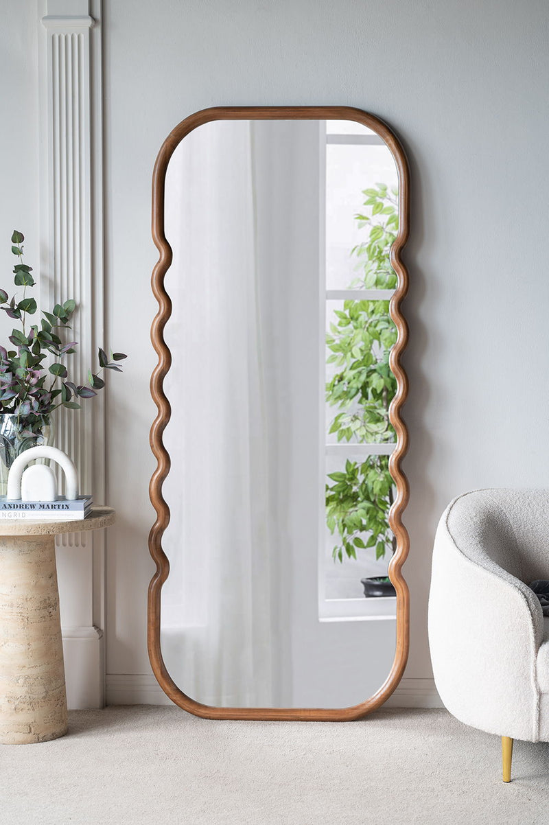 Oversized Wooden Floor Mirror With Unique Frame - Brown