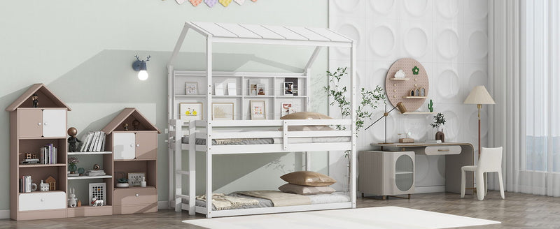 Twin House Loft Bed With Guardrails, Semi-Enclosed Roof, Bedside Shelves And Ladder - White