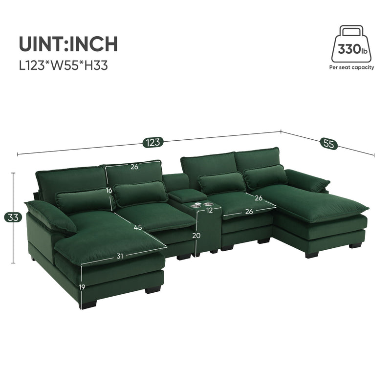 Modern U Shaped Sofa With Console, Cupholders And USB Ports, 6 Seat Upholstered Symmetrical Indoor Furniture, Sleeper Couch Set With Chaise For Living Room, Apartment, 5 Colors - Green