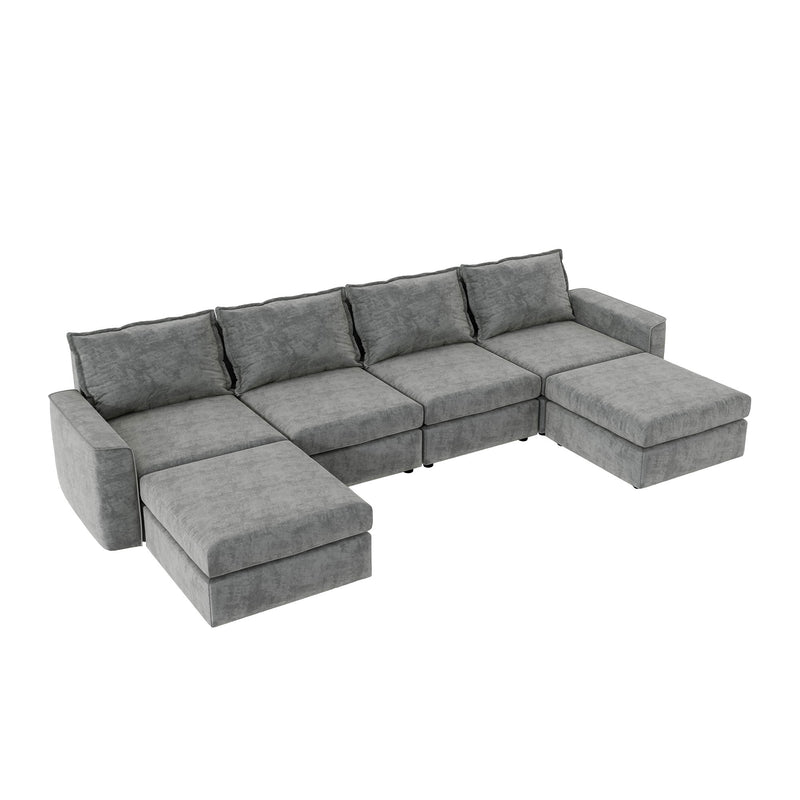 Chenille Modular Sectional Sofa, U Shaped Reversible Couch, Free Combination, 6 Seat Sleeper Sofa Bed With Ottoman, Convertible Oversized Indoor Furniture For Living Room - Gray