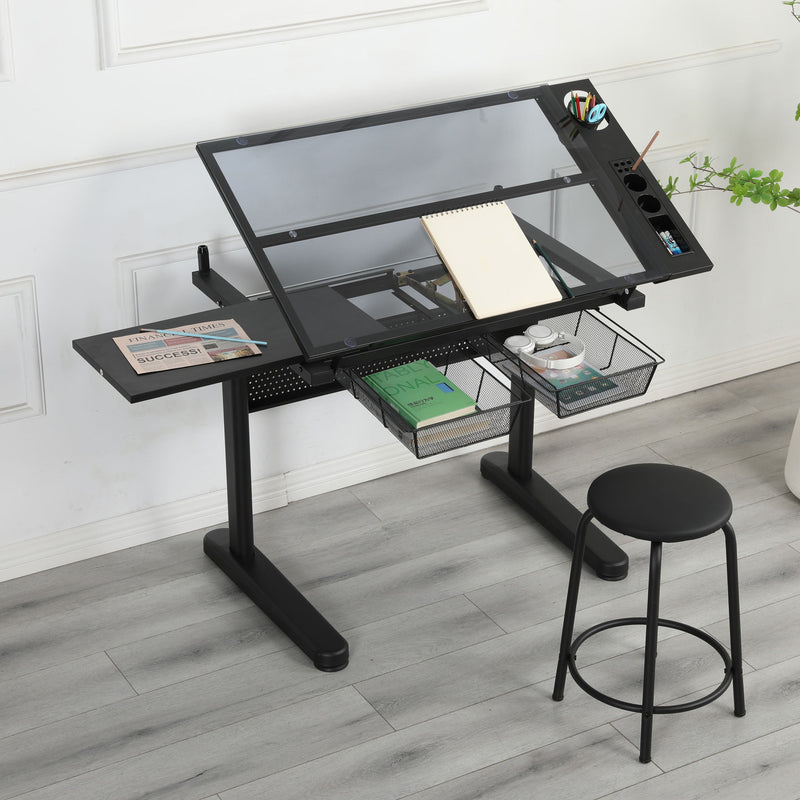 Hand Crank Adjustable Drafting Table Drawing Desk With 2 Metal Drawers With Stool - Black