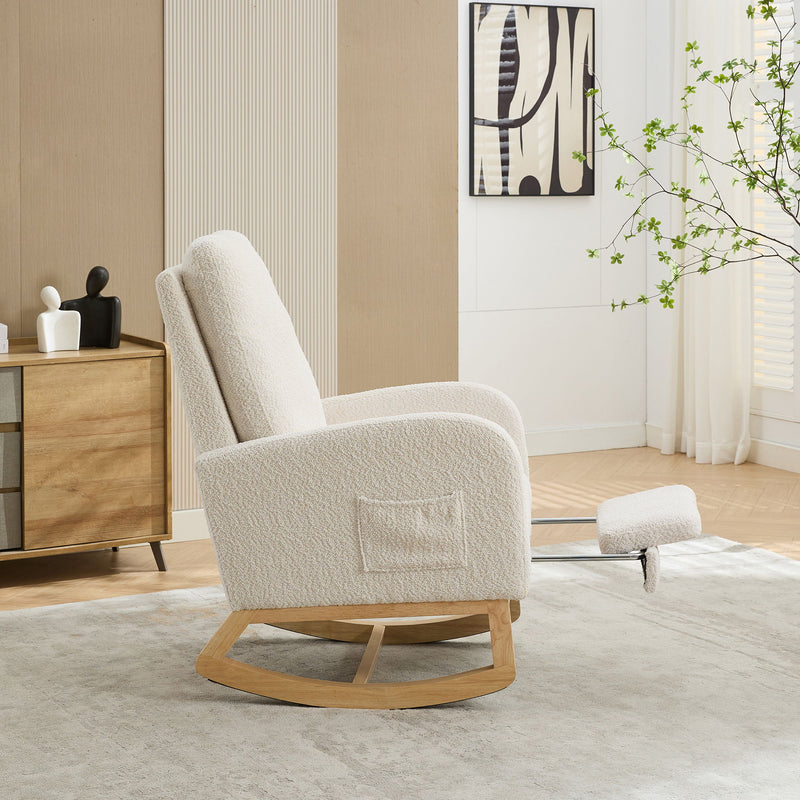 Rocking Chair For Nursery, High Back Glider Chair With Retractable Footrest, Side Pocket, Rocking Accent Armchair With Rubber Wood Legs For Living Room / Bedroom