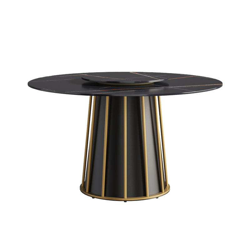 Modern Artificial Stone Round Metal Iron Base Dining Table, Can Accommodate 6 People-23.62" Artificial Stone Turntable (Not Including Chairs.) - Black