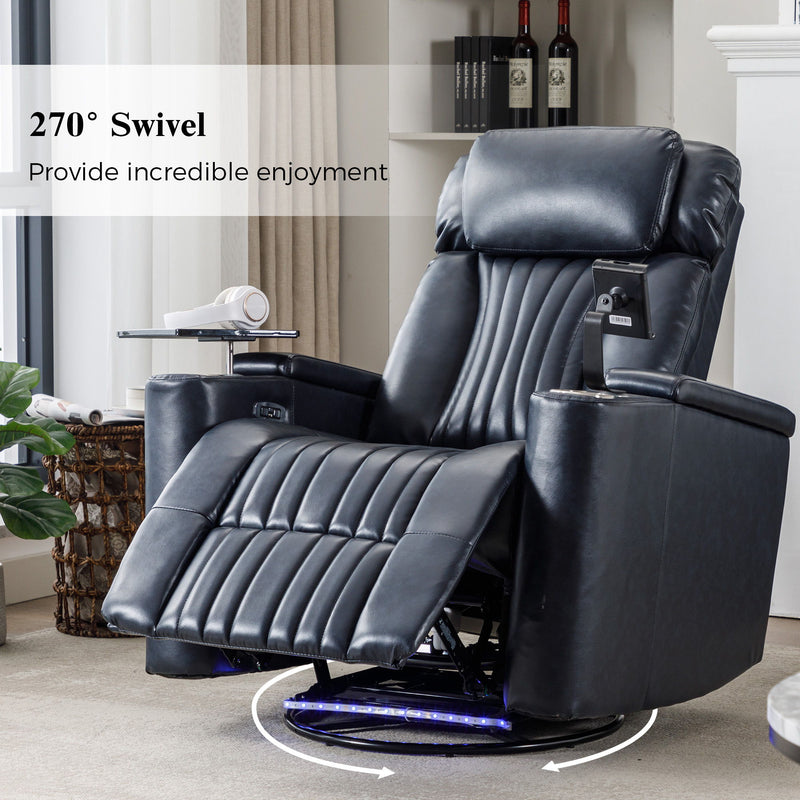 270 Degree Power Swivel Recliner, Home Theater Seating With Hidden Arm Storage And LED Light Strip, Cup Holder, 360 Degree Swivel Tray Table, And Cell Phone Holder, Soft Living Room Chair