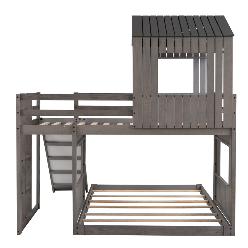 Wooden Twin Over Full Bunk Bed, Loft Bed with Playhouse, Farmhouse, Ladder, Slide and Guardrails, Antique Gray(OLD SKU :LT000028AAE)