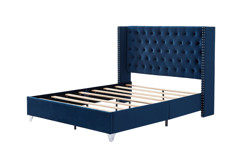 B100S Queen bed, Button designed Headboard,strong wooden slats + metal legs with Electroplate