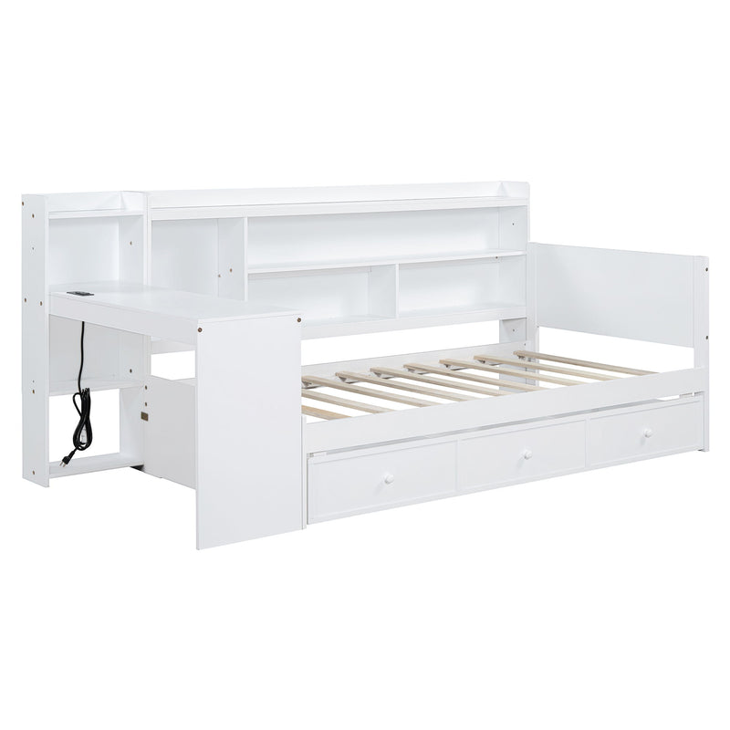 Twin Size Wooden Daybed With 3 Drawers, USB Ports And Desk - White