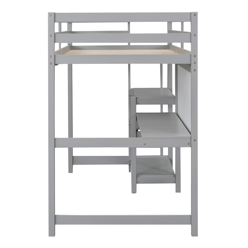 Twin Size Wooden Loft Bed with Shelves, Desk and Writing Board - Gray