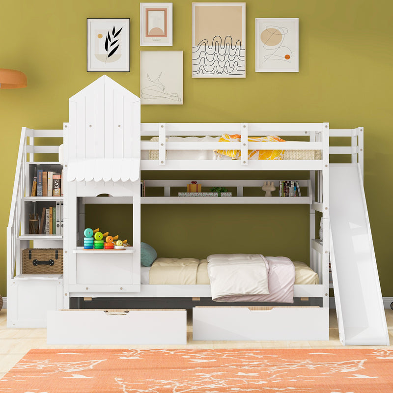 Twin-Over-Twin Castle Style Bunk Bed with 2 Drawers 3 Shelves and Slide - White