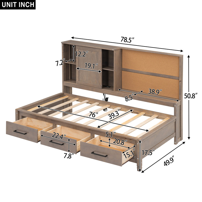 Twin Size Lounge Daybed with Storage Shelves, Cork Board, USB Ports and 3 Drawers, Antique Wood Color