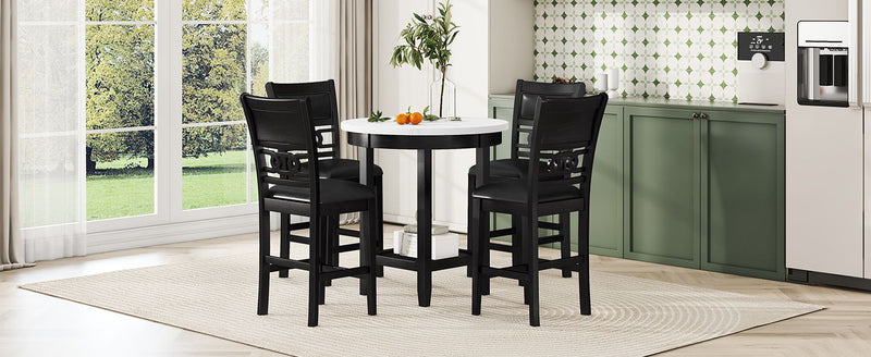 5 Piece Counter Height Dining Round Table Set With One Faux Marble Top Dining Table And Four Pu-Leather Chairs - Dark Espresso