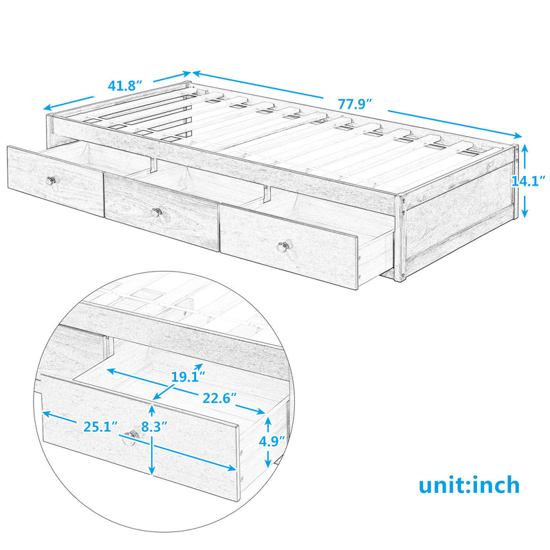 Twin Size Platform Storage Bed with 3 Drawers,White