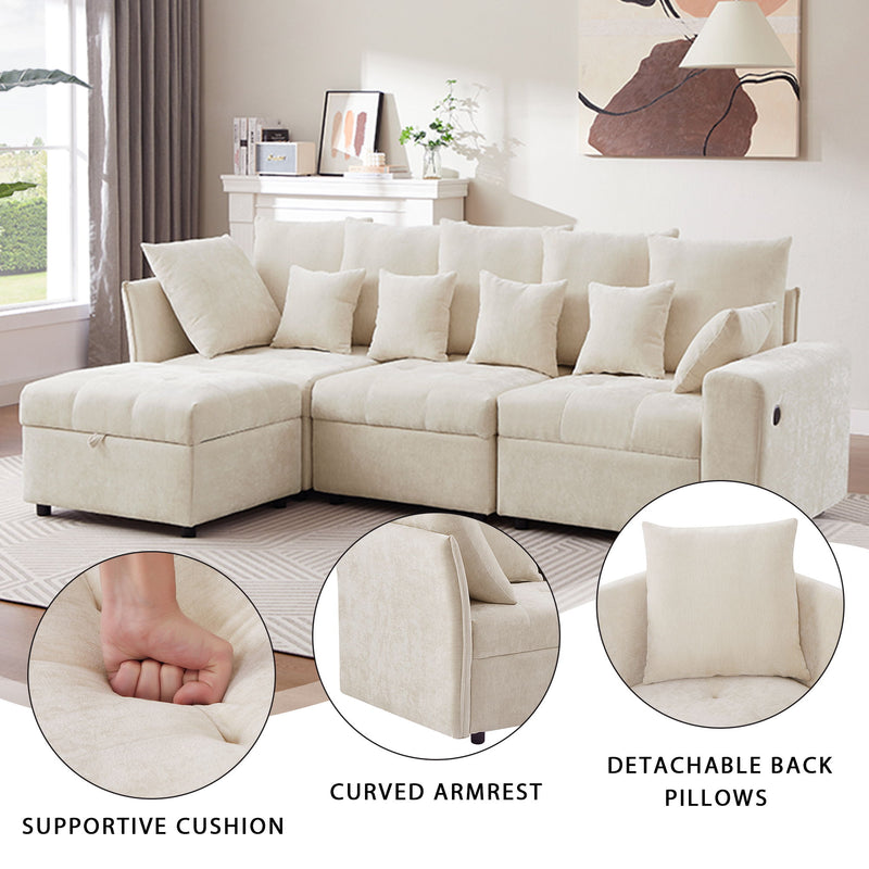 Sectional Sofa Modular Sofa Couch With Three USB Ports, A Removable Storage Ottoman And Five Back Pillows For Living Room