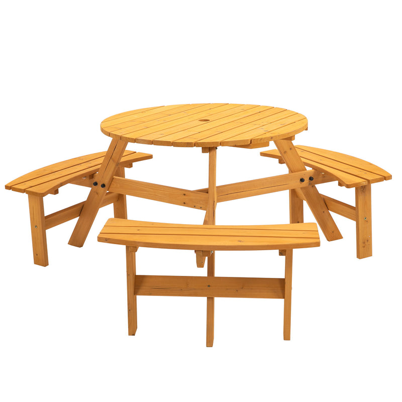 6 Person Circular Outdoor Wooden Picnic Table For Patio, Backyard, Garden, Diy With 3 Built-In Benches, 1720Lb Capacity - Natural