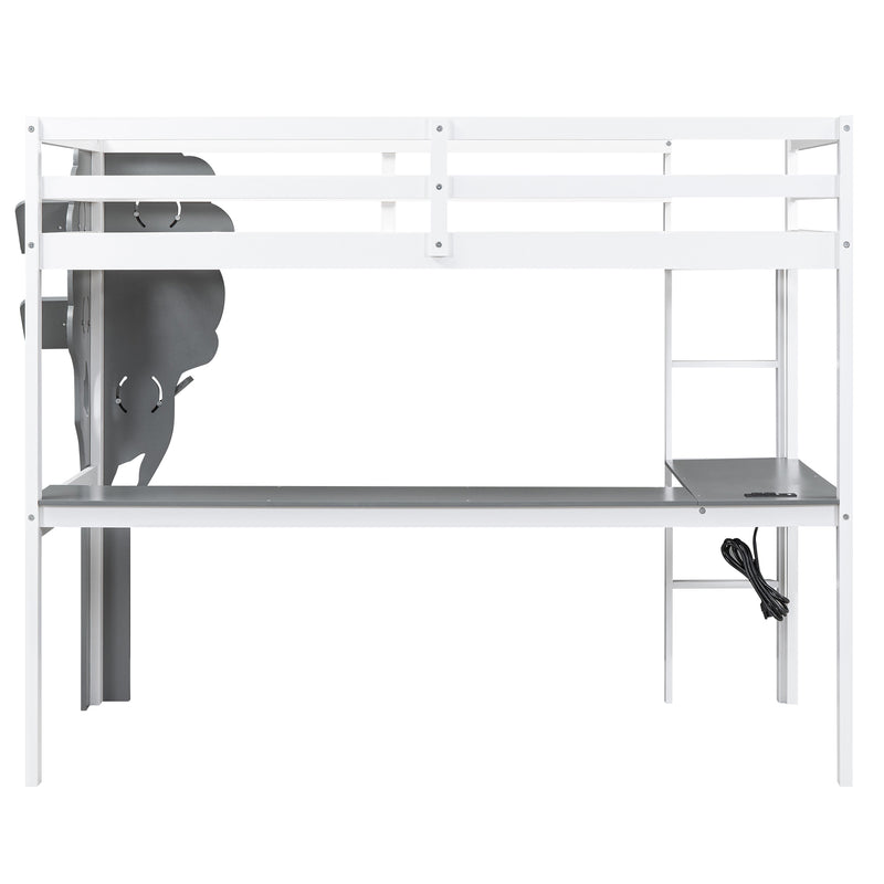 Twin Size Loft Bed with L-shaped Desk,Tree Shape Bookcase and Charging Station, White+Gray