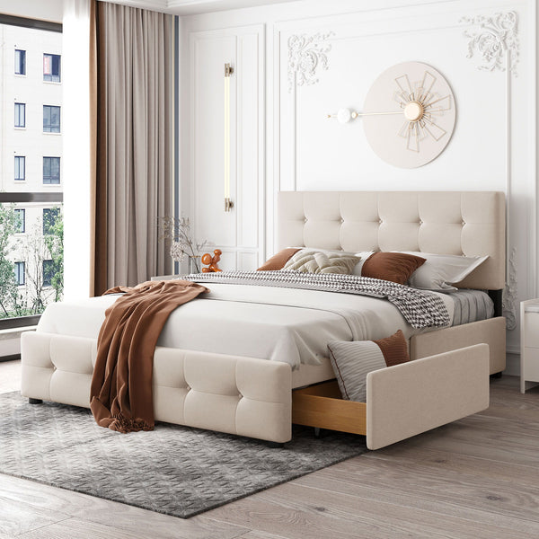 Queen Size Upholstered Platform Bed With Classic Headboard And 4 Drawers, No Box Spring Needed - Beige