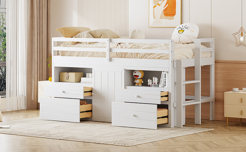 Twin Size Loft Bed with 4 Drawers, Underneath Cabinet and Shelves, White