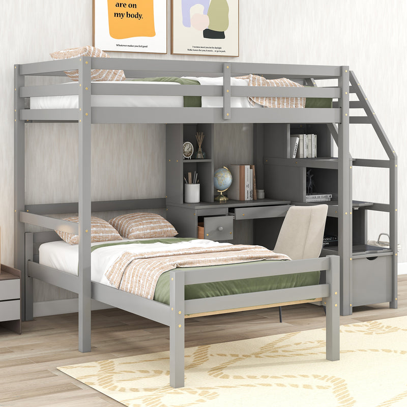 Twin Size Loft Bed with a Stand-alone Bed, Storage Staircase, Desk, Shelves and Drawers, Gray