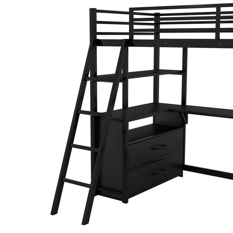 Twin Size Metal&Wood Loft Bed with Desk and Shelves, Two Built-in Drawers, Black