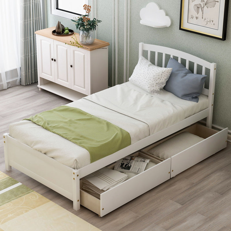 Twin Platform Storage Bed Wood Bed Frame With Two Drawers And Headboard - White