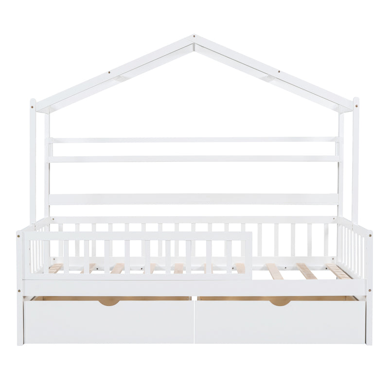 Wooden Twin Size House Bed with 2 Drawers,Kids Bed with Storage Shelf, White