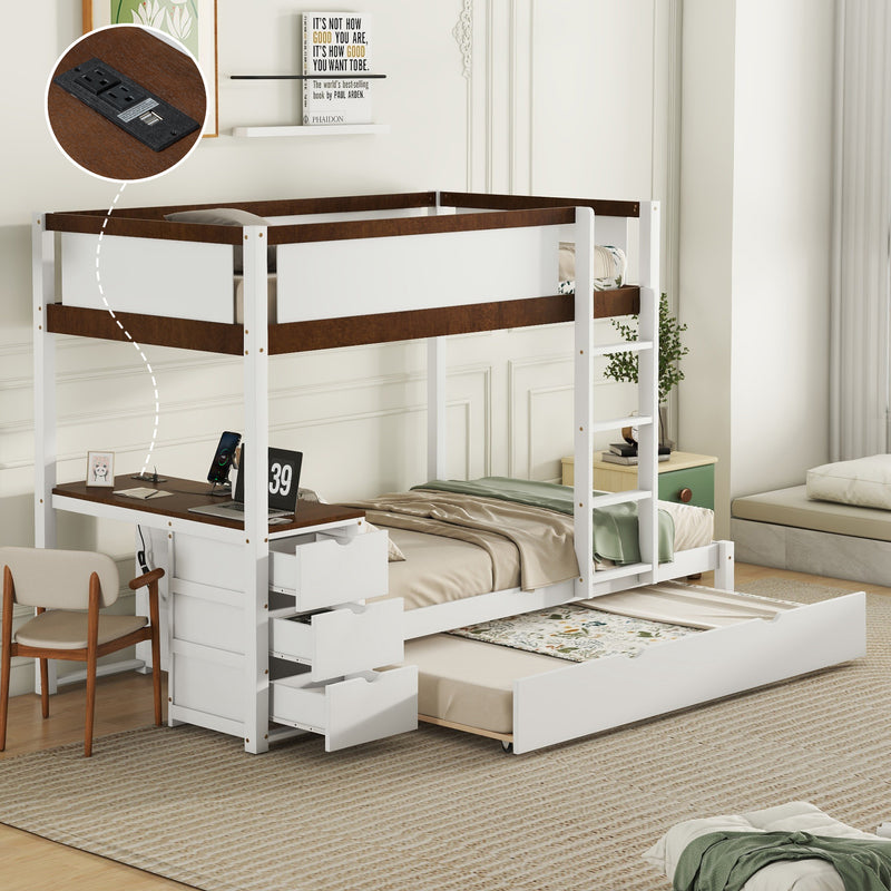 Twin-Over-Twin Bunk Bed with Twin size Trundle, Storage and Desk, White+Walnut