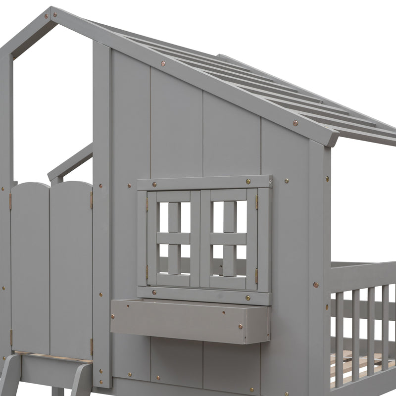 Kids Furniture - House Bunk Bed With Roof, Safety Guardrails And Ladder