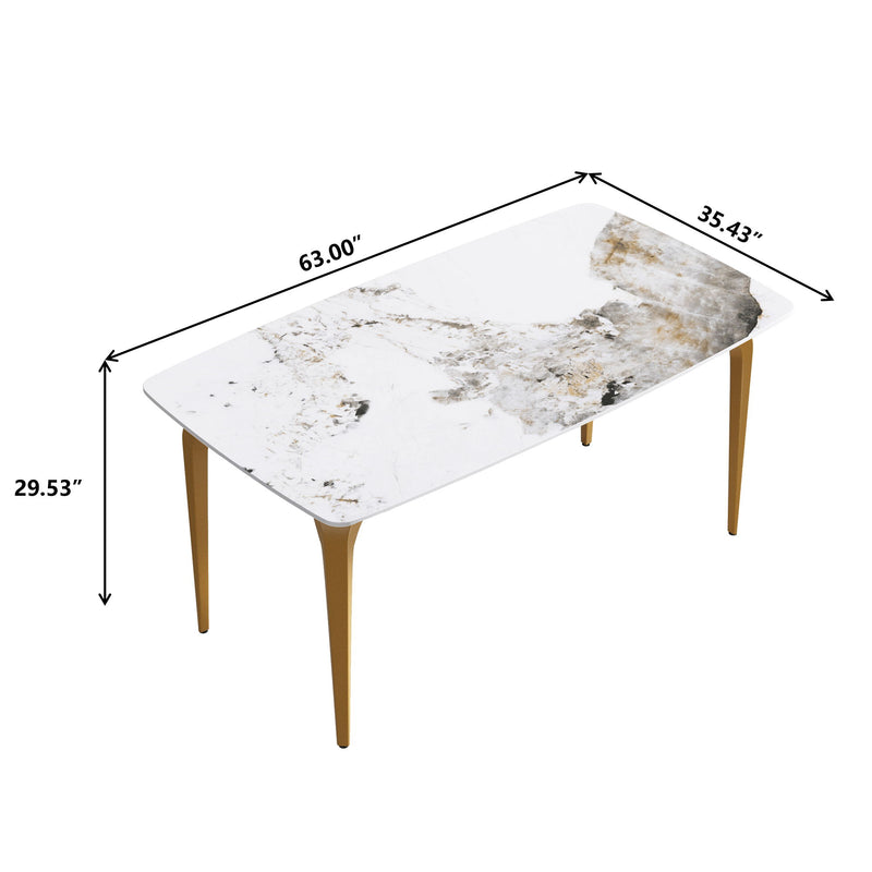 63" Modern Artificial Stone Pandora White Curved Golden Metal Leg Dining Table - Antique White / Gold