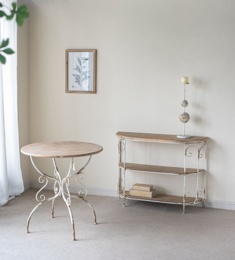 Round Wooden Table With Metal Scrollwork Legs - White