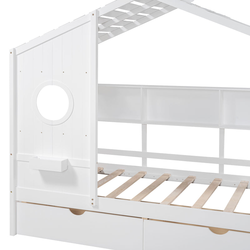 Wooden Twin Size House Bed with 2 Drawers,Kids Bed with Storage Shelf, White