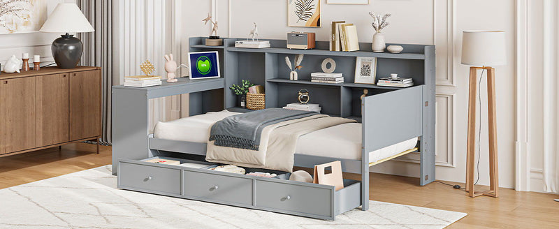 Twin Size Wooden Daybed With 3 Drawers, USB Ports And Desk - Gray