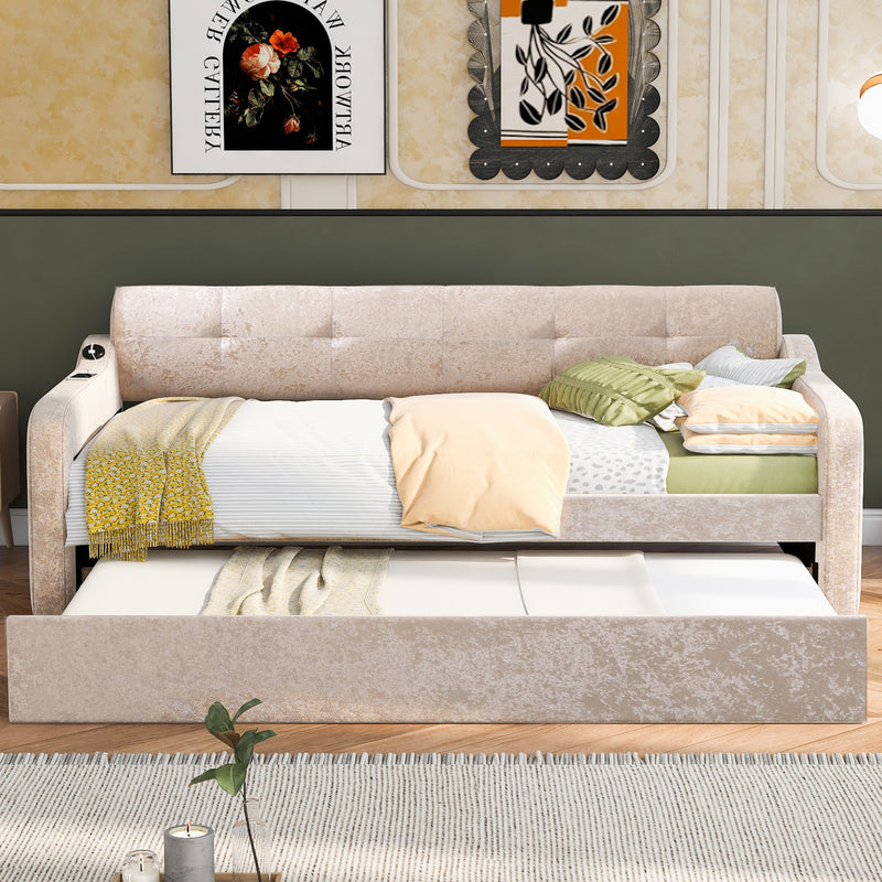 Twin Size Snowflake Velvet Daybed with Trundle and USB Charging Design,Beige