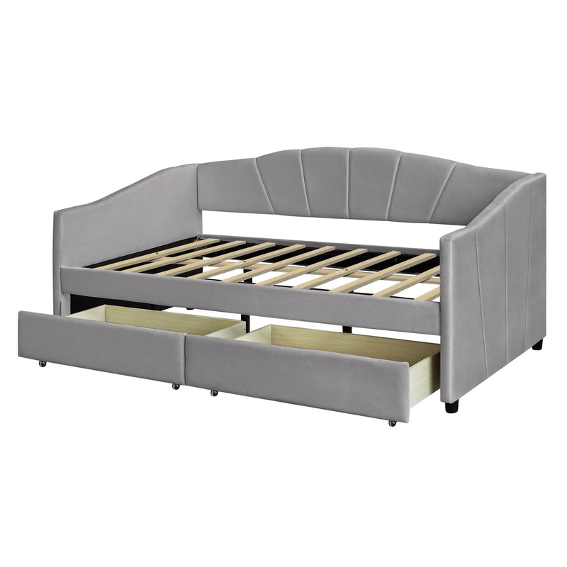 Twin Size Upholstered Daybed With Two Drawers And Wood Slat - Gray