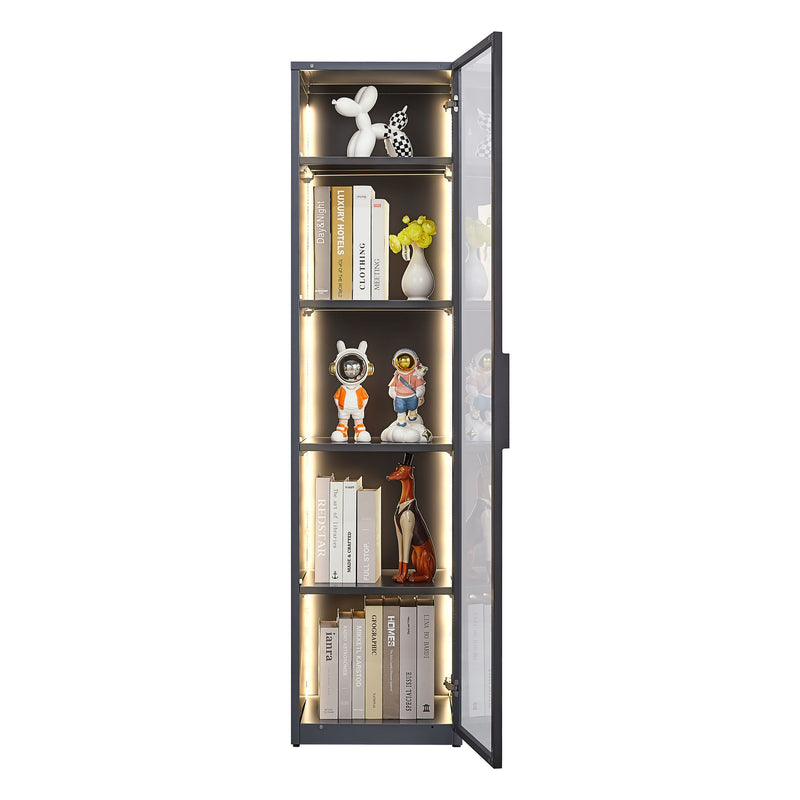 Single Glass Door Metal Storage Cabinet For Storing Photo Frames, Models, Handicrafts Display Cabinets With Removable Dividers And Led Light Strips - Gray