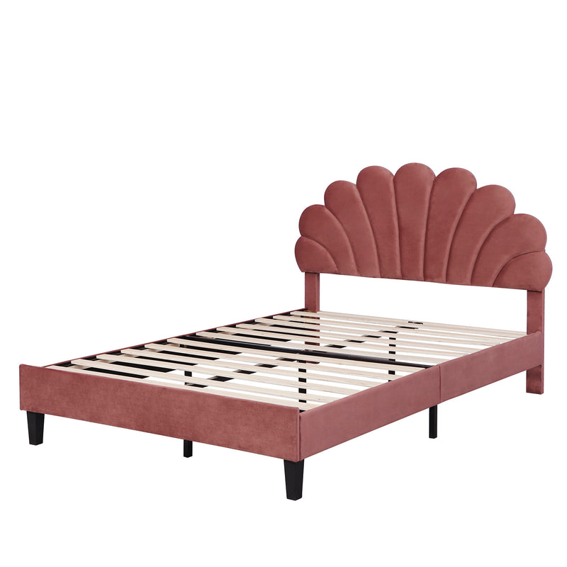 Full Size Upholstered Platform Bed With Flower Pattern Velvet Headboard - Bean Paste Red