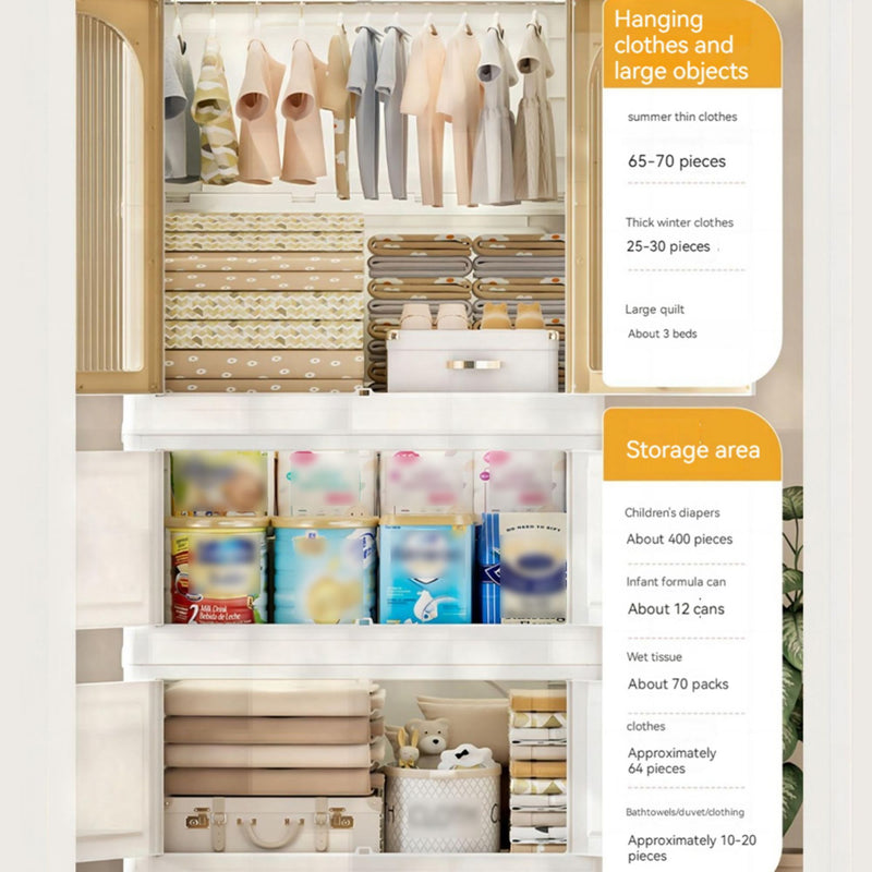 25.59" Side Wide Folding Wardrobe, 25.59" ×15.75" ×57.09" , With Magnetic Door, Plastic Storage Cabinet With Wheels ( One Layer Of Wardrobe + Two Layers Of Folding Boxes + 10 Hangers ) - Cream White