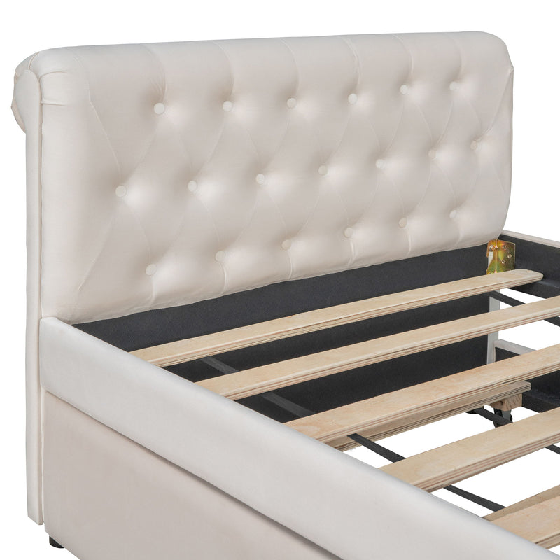 Twin Size Upholstered Daybed With Trundle, Wood Slat Support - Beige