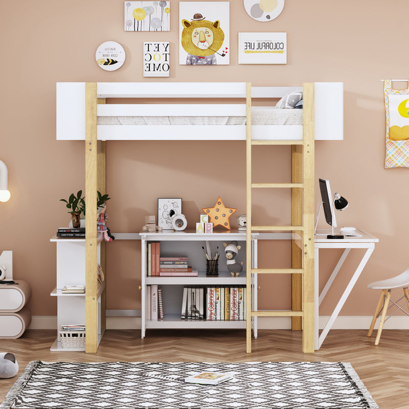 Twin Size Wood Loft Bed With Built-in Storage Cabinet and Cubes, Foldable desk, White