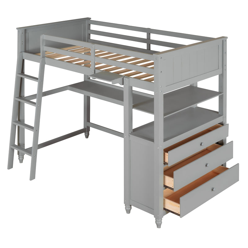 Twin size Loft Bed with Drawers and Desk, Wooden Loft Bed with Shelves - Gray(OLD SKU: LT001530AAE)