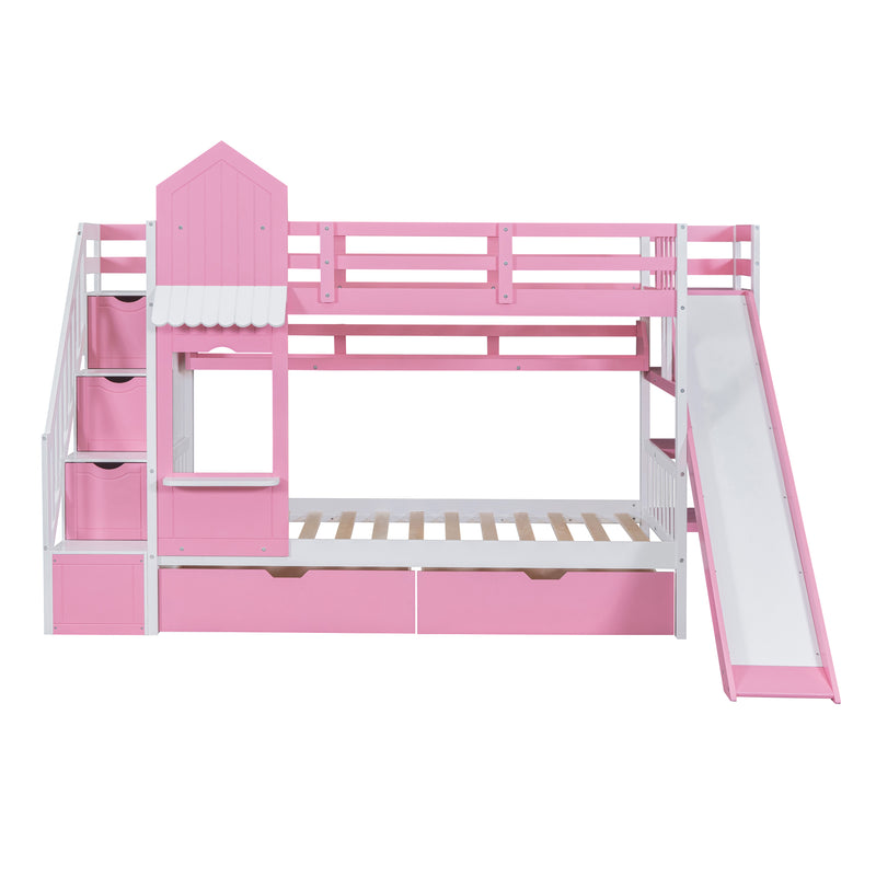 Twin-Over-Twin Castle Style Bunk Bed with 2 Drawers 3 Shelves and Slide - Pink