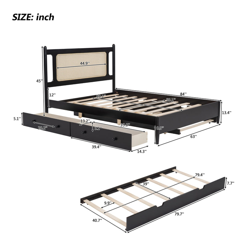 Wooden Rattan Platform Bed, With 2 Big Drawers & Trundle